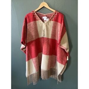 NWT Adam Lippes Target Plaid Mohair Fringe Trim Tassel Poncho Sweater Red S/M